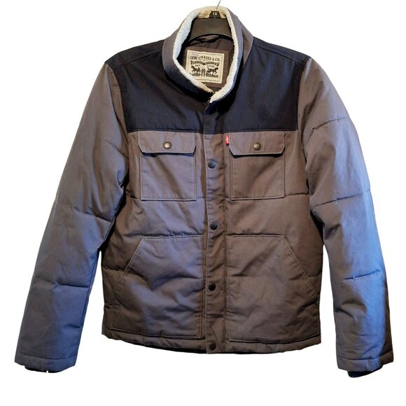 Levis Gray & Navy Insulated Puffer Jacket With Snap Closure & Sherpa Collar For - Picture 1 of 10